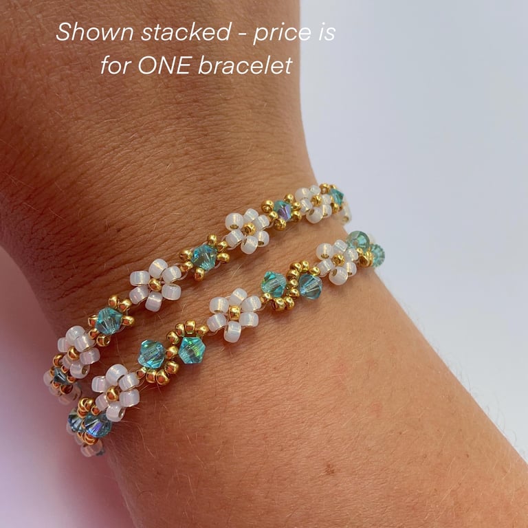 March Birthstone Bracelet - Gold & Opal Daisy Beads (Aquamarine Inspired)