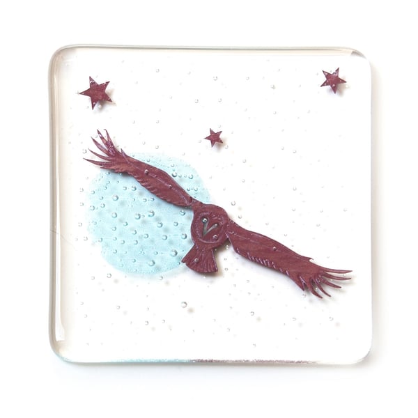 Owl Fused Glass Coaster, bird watcher gift, nature lover, bird of prey