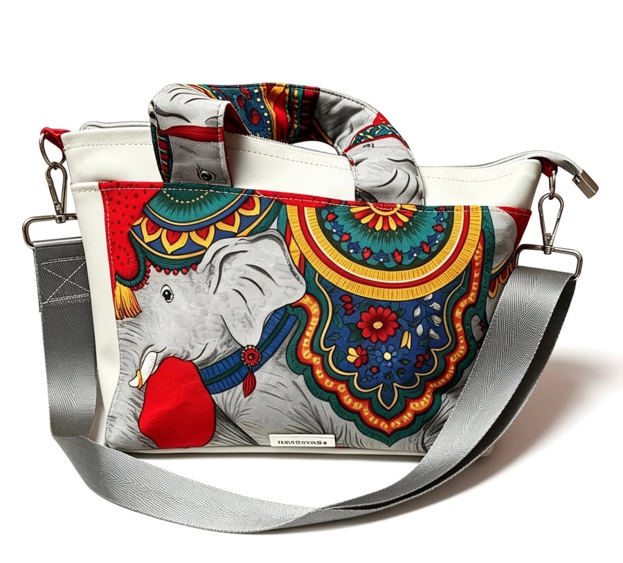 Grey faux leather and elephant print bag