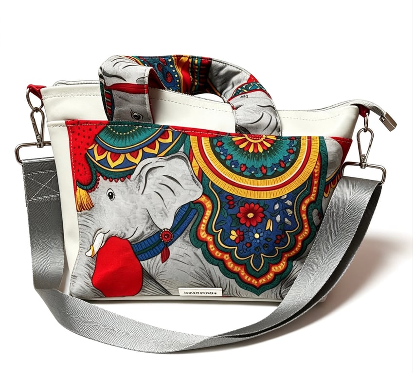Grey faux leather and elephant print bag