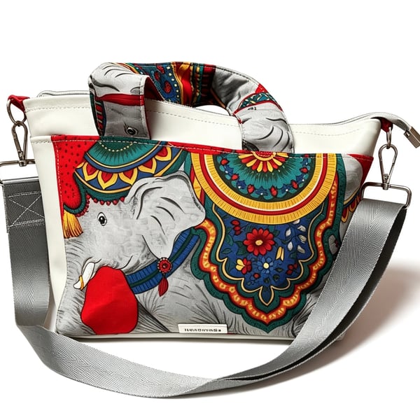 Grey faux leather and elephant print bag