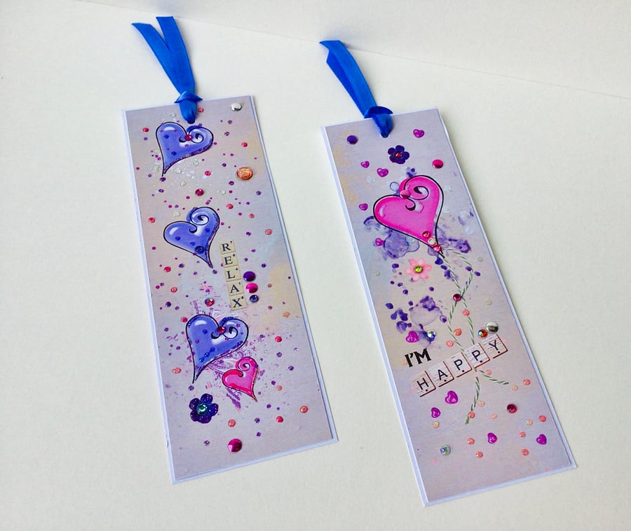 Bookmarks Set of Two, Printed Handfinished, Hearts Design