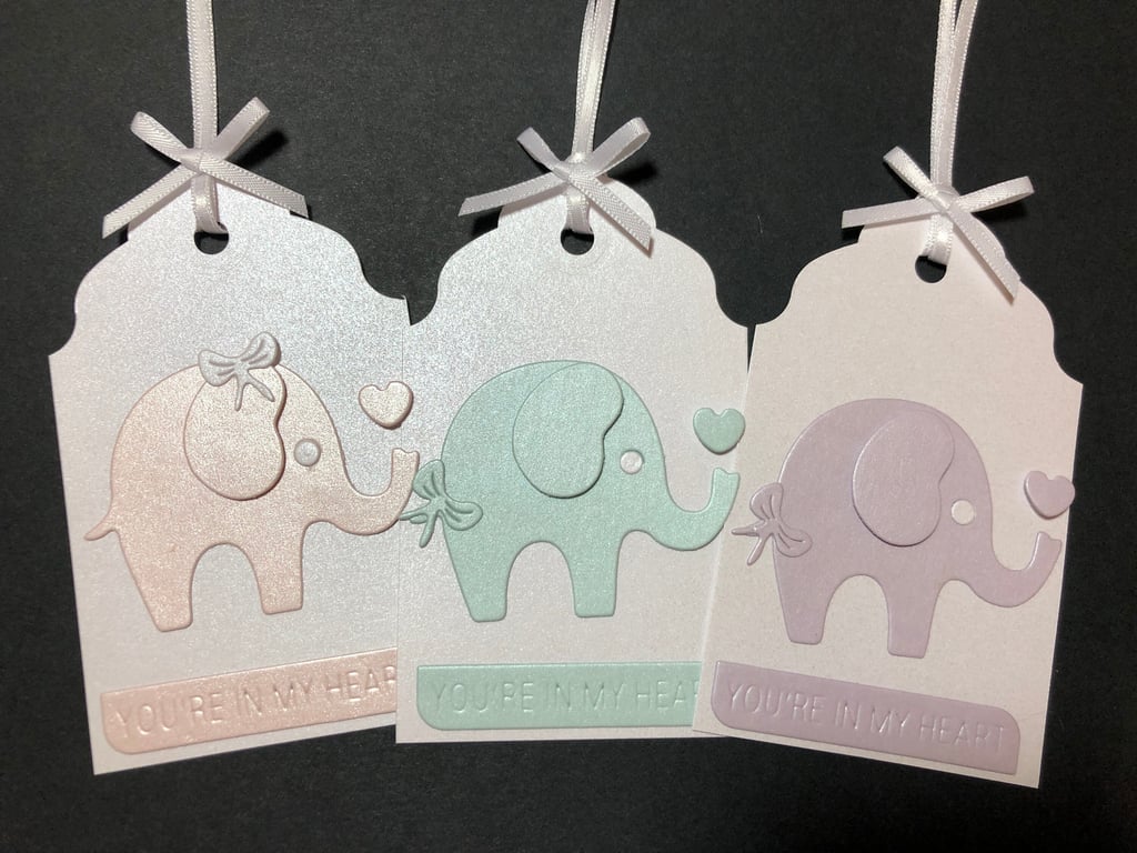 Handmade Baby Gift Tags, Pearl Shimmer Cardstock, Elephant, Giraffe, Bear