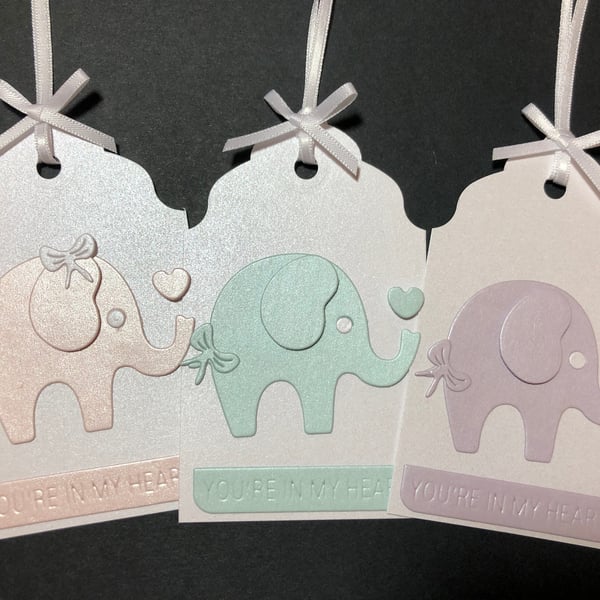 Handmade Baby Gift Tags, Pearl Shimmer Cardstock, Elephant, Giraffe, Bear