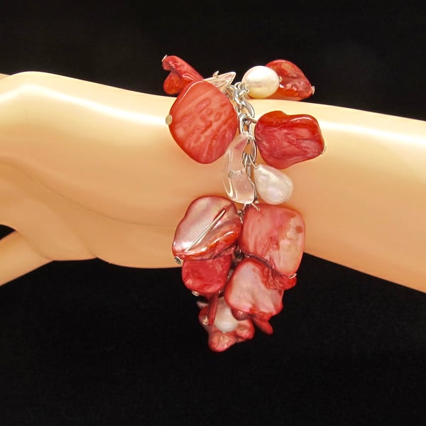 Bracelet: Red Mother of Pearl & White Potato Pearls 