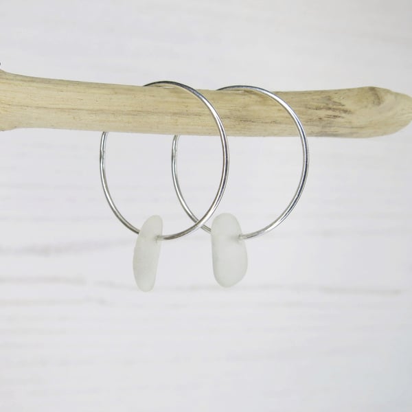 Cornish Sea Glass on 18mm Hoop Earrings - White