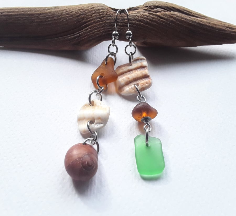 Asymmetrical Seaglass & Shell Dangle Earrings 