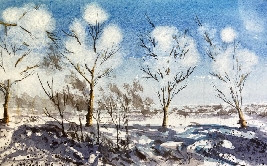 Frosty trees (Pure Original Watercolour FULLY MOUNTED 8” x 6”)