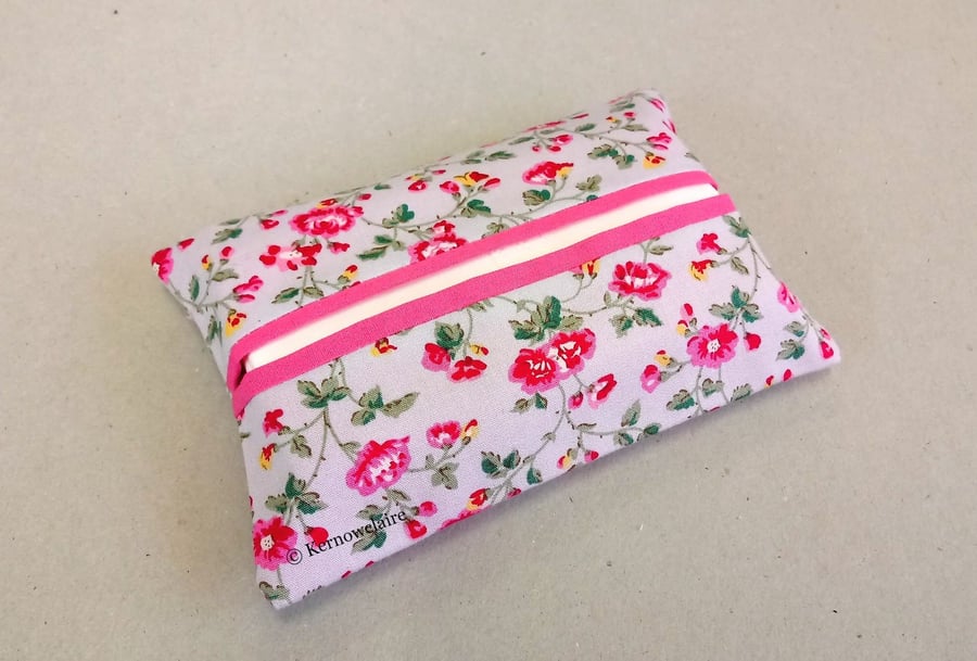 Tissue holder in grey with bright pink flowers