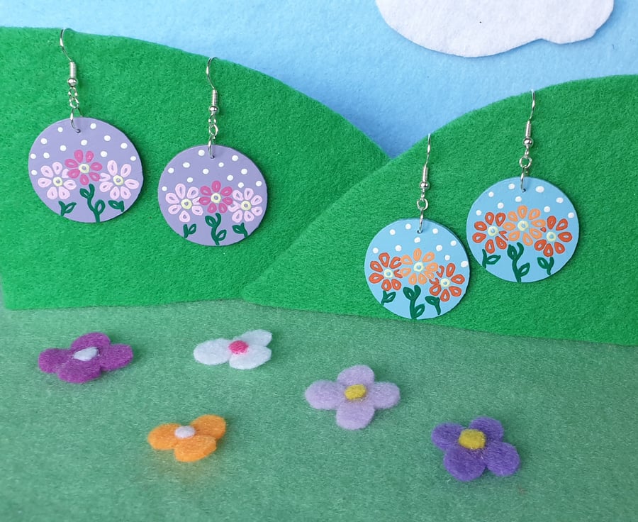 Hand painted wooden flower earrings
