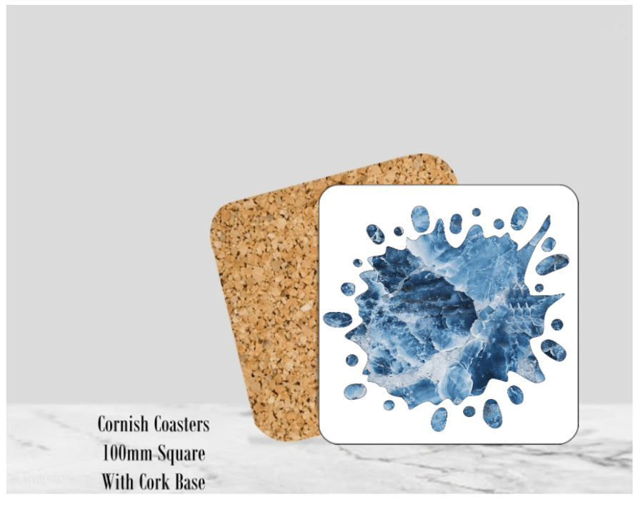  Splash (Blue) Mable Coaster  4" Square With Cork Base.