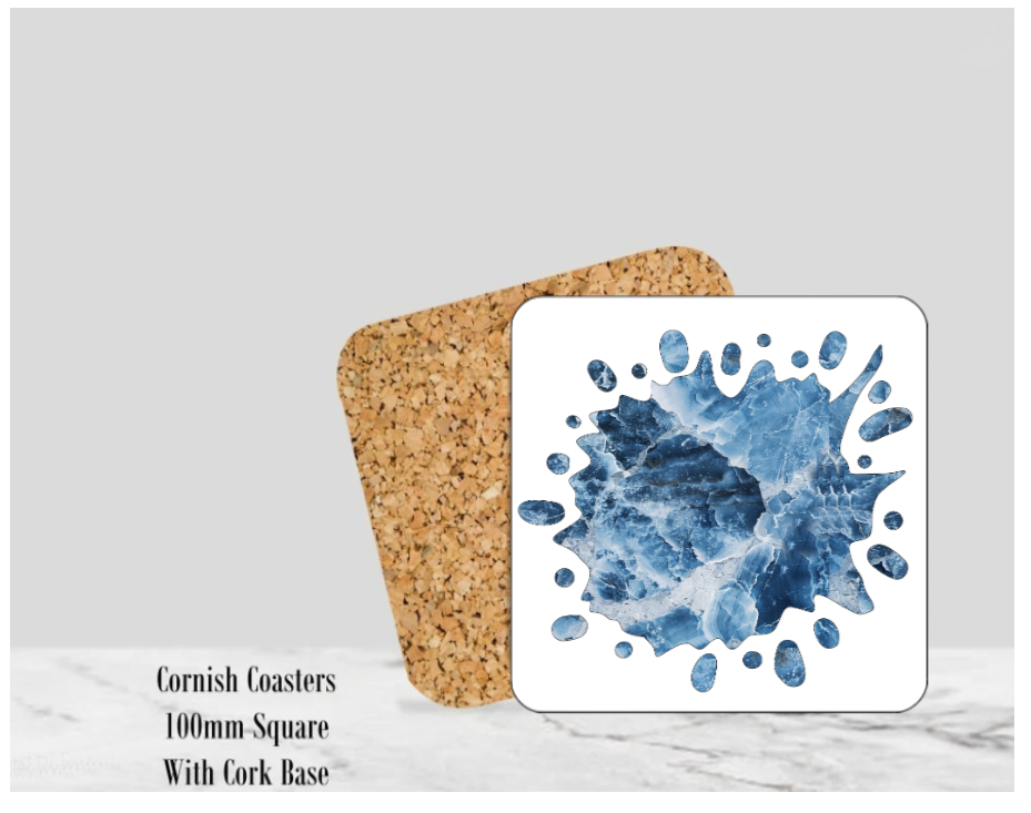  Splash (Blue) Mable Coaster  4" Square With Cork Base.