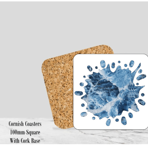  Splash (Blue) Mable Coaster  4" Square With Cork Base.