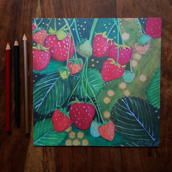 Strawberries on a summer morning- art print of original illustration