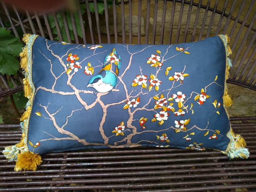 Vintage Silk Cushion - Bluebird and Blossoms