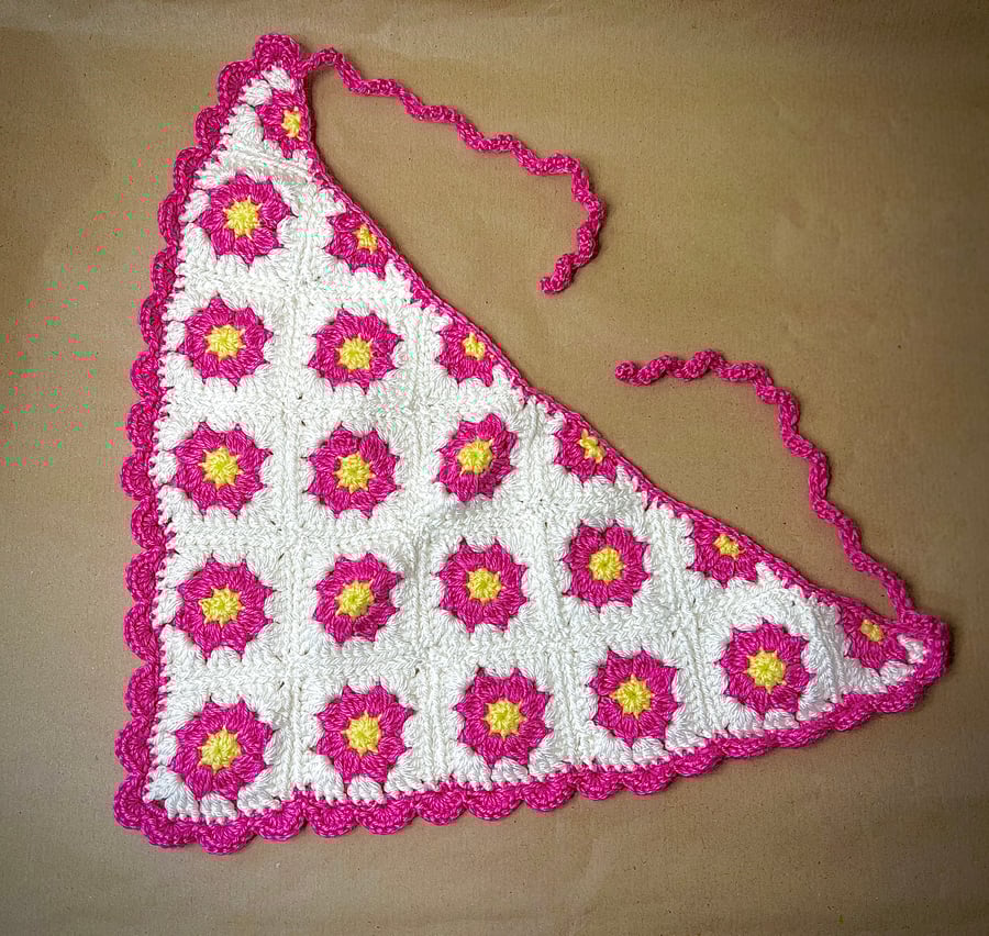 Crochet pink flowers bandana headscarf boho chic