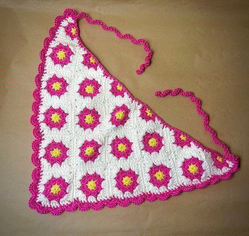 Crochet pink flowers bandana headscarf boho chic