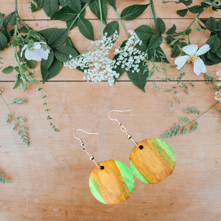 Earrings - Boho style, Dangle, Alcohol Ink on Wood - Gold Plated, Freepost