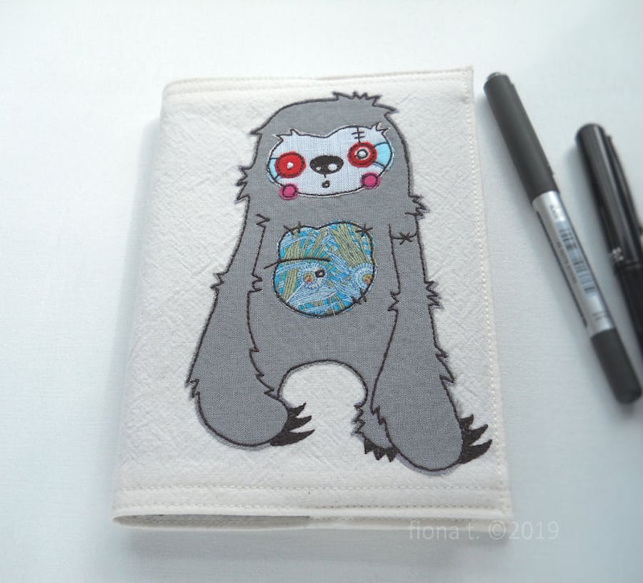 free motion embroidered zombie sloth notebook sketchbook A6