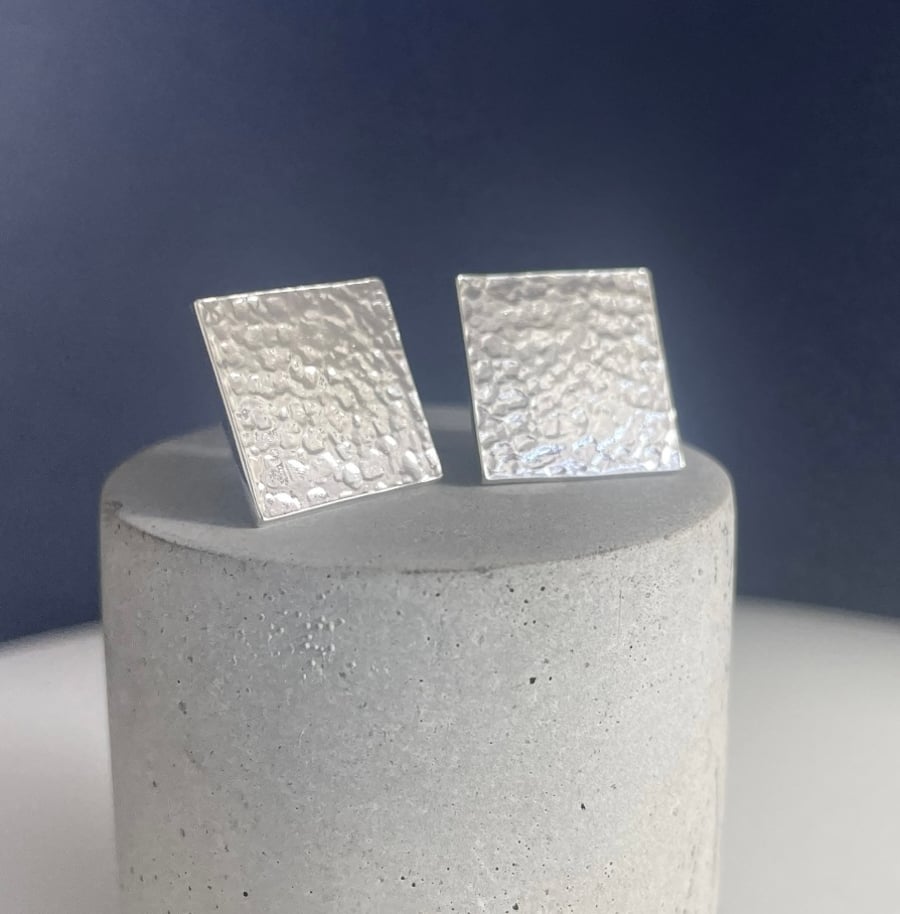 Sterling Silver Square Ear Stud Earrings 10mm - Hammered-Sparkly - Handmade 