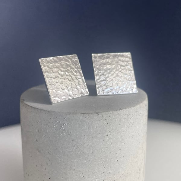 Sterling Silver Square Ear Stud Earrings 10mm - Hammered-Sparkly - Handmade 