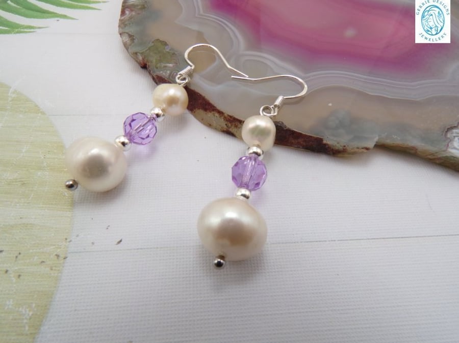 Pair of Silver Earrings. Freshwater Pearls & Czech Crystal Round Earrings.