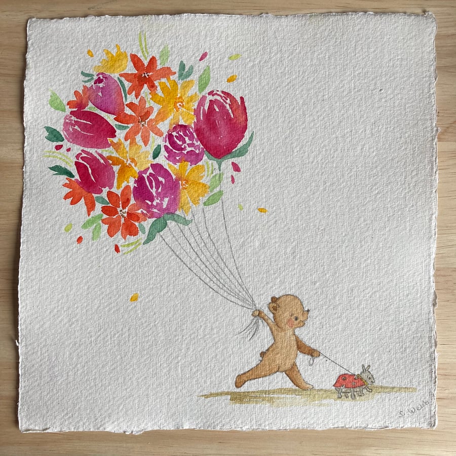 Floral Teddy Bear, watercolour paper, 20cm x 20cm original art.