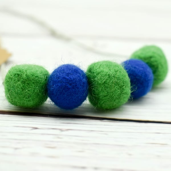 Felted bead necklace in green and blue wool