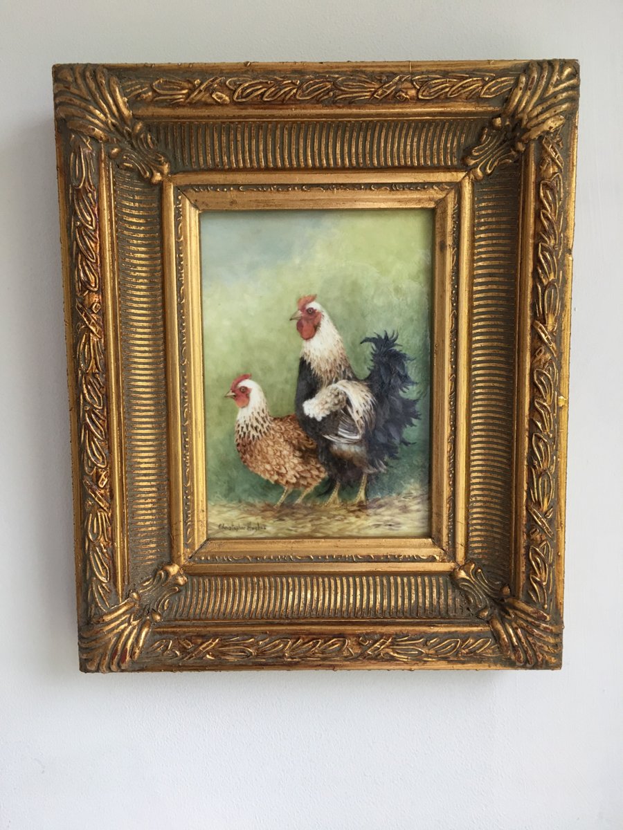 Cockerel and Hen . Handpainted Bone China Plaque . Royal Worcester Artist 