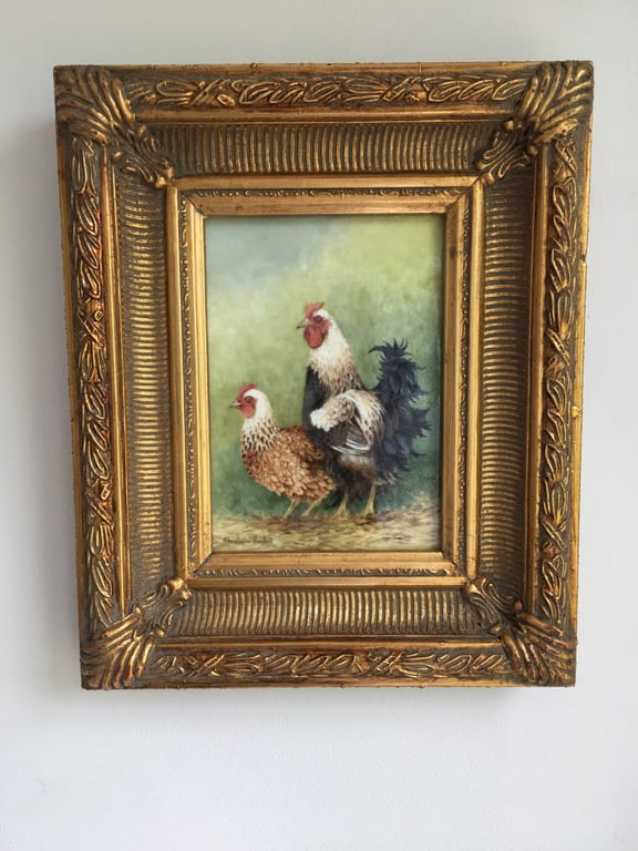 Cockerel and Hen . Handpainted Bone China Plaque . Royal Worcester Artist 