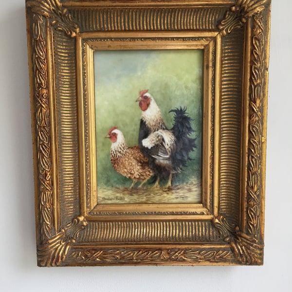 Cockerel and Hen . Handpainted Bone China Plaque . Royal Worcester Artist 