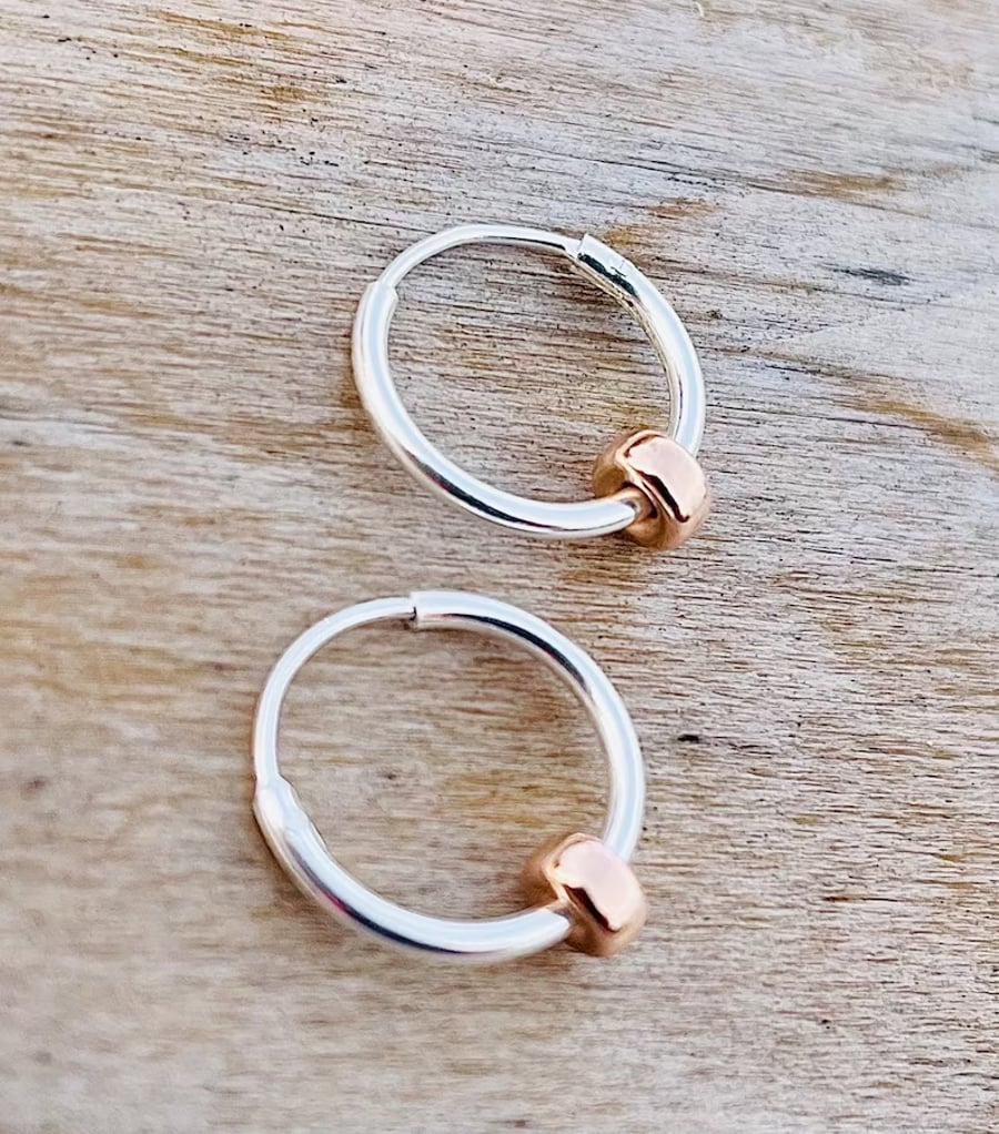 Sterling Silver Hoop Earrings with 14K Rose Gold Filled Rondelle Beads