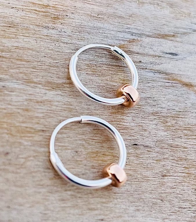 Sterling Silver Hoop Earrings with 14K Rose Gold Filled Rondelle Beads