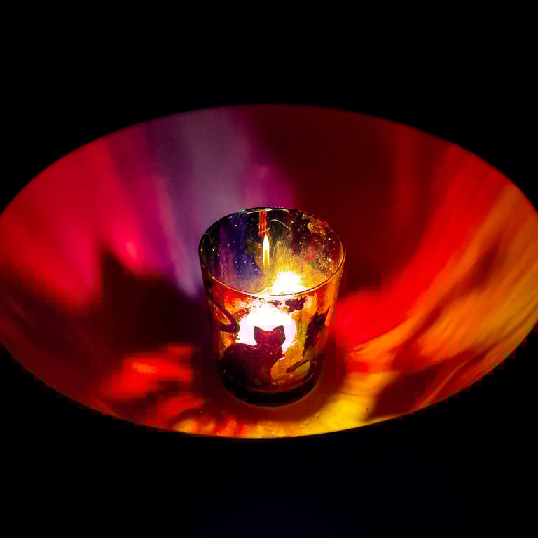 Hand painted glass candle holder with black cats silhouettes on sunset backgroun