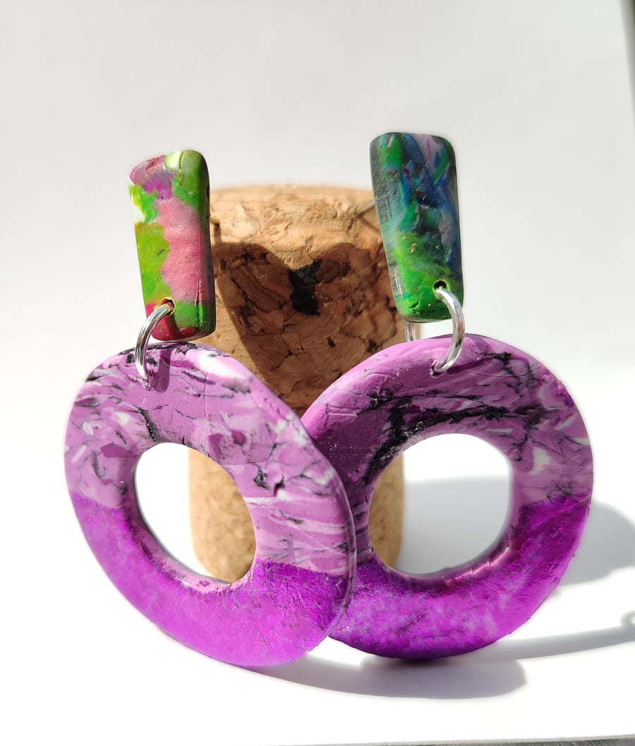 Purple scrap circle earrings
