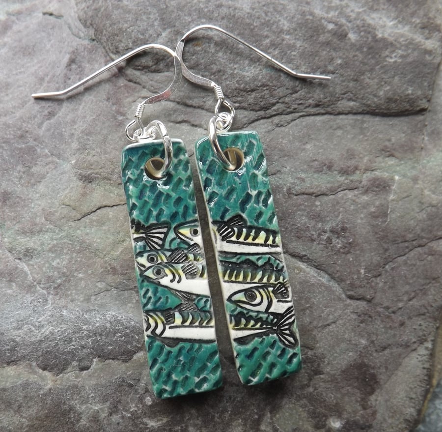 Handmade Mackerel ceramic and sterling silver long drop earrings in green