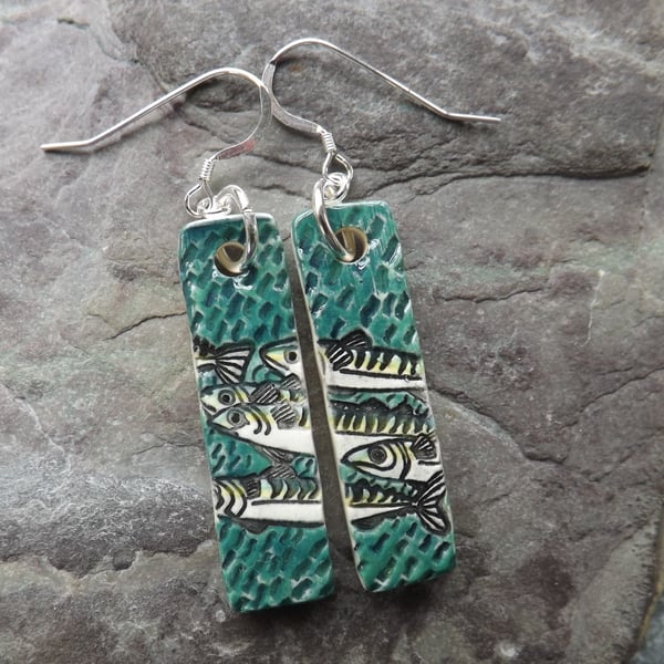 Handmade Mackerel ceramic and sterling silver long drop earrings in green