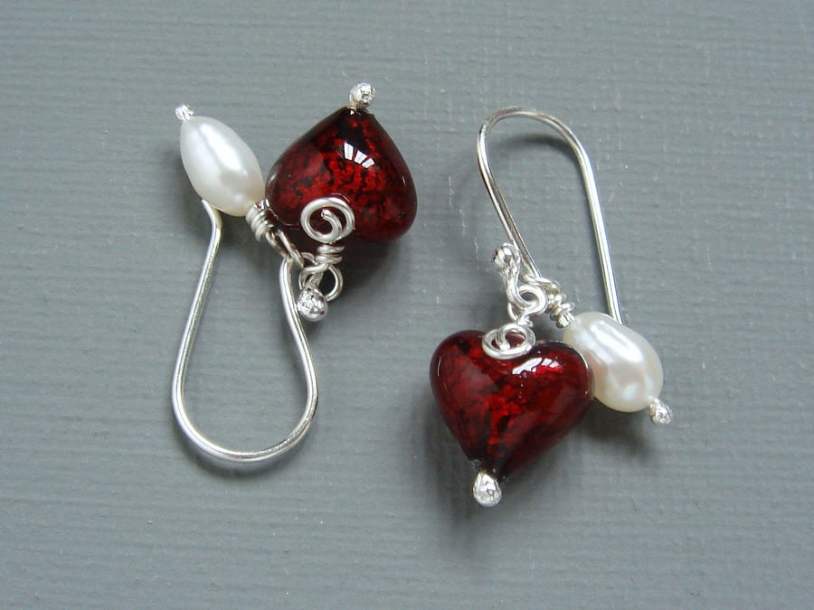 Red Murano Heart Lined 24K gold and Pearl Sterling Silver Drop Earrings