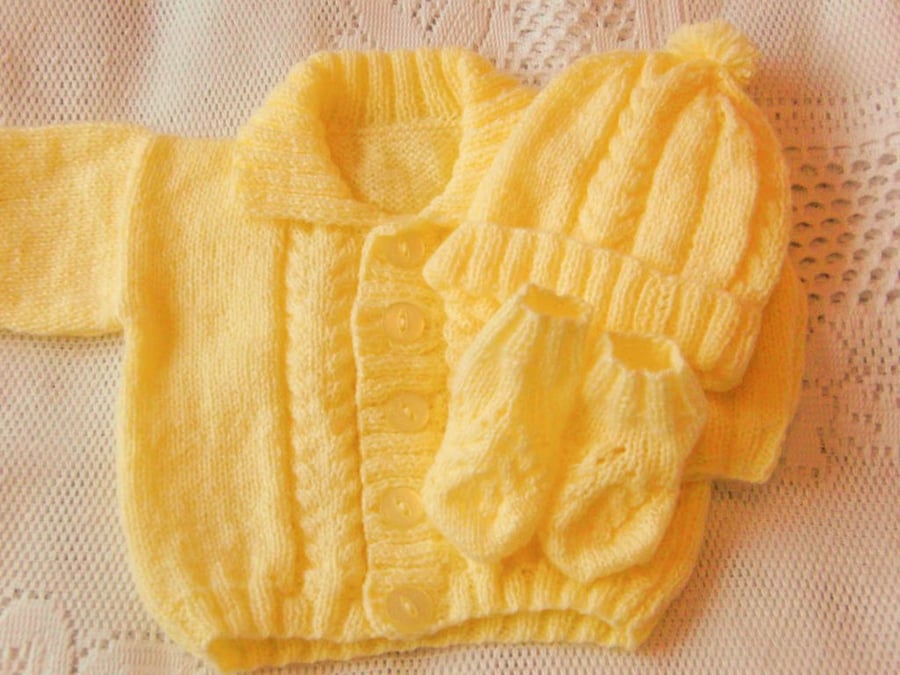 Hand Knitted Baby Jacket Hat and Bootees Set, Baby Shower Gift, New Baby Gift
