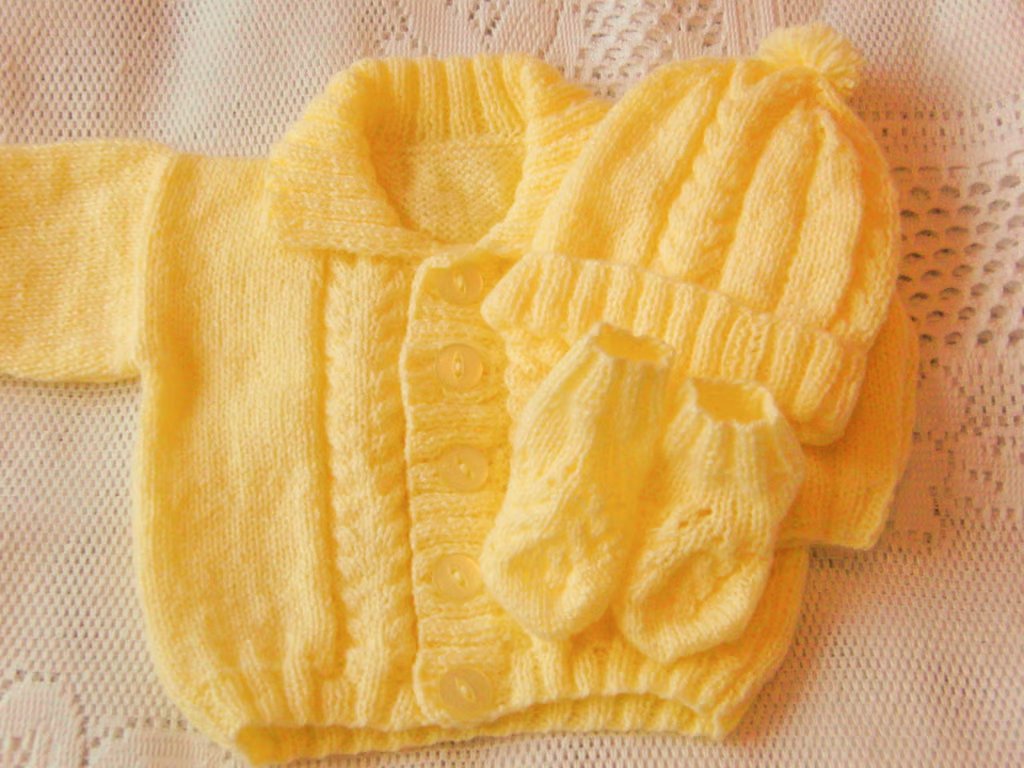 Hand Knitted Baby Jacket Hat and Bootees Set, Baby Shower Gift, New Baby Gift