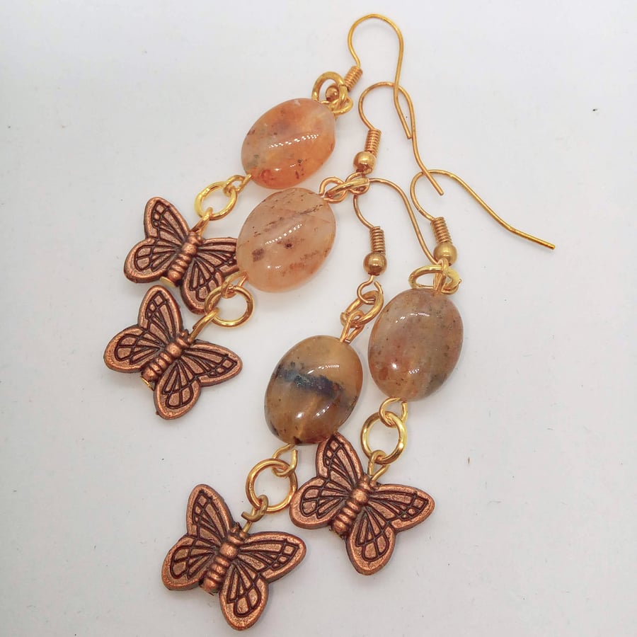 Golden Brown Oval Agate Earrings With A Bronze Butterfly Charm, Gift for Her