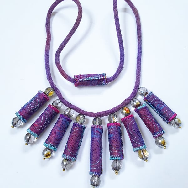 SALE Statement Textile Bead Necklace with Glass Beads 