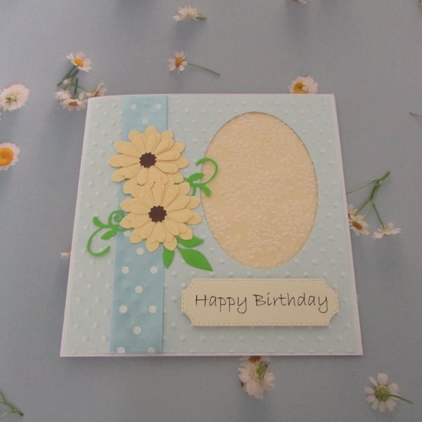 Happy Birthday Card Yellow Daisy on Light Blue Embossed Card with Vellum Panel