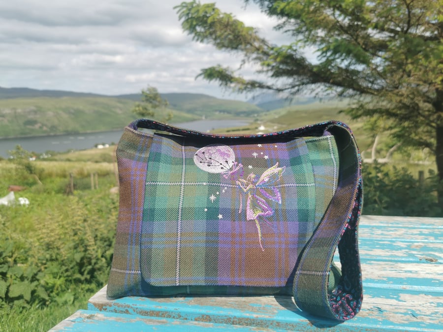 Isle of Skye tartan shoulder bag with embroidered fairy 