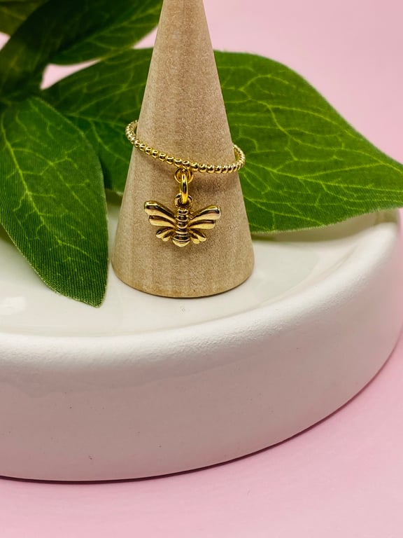 Gold flash plated sterling silver ring with bee charm