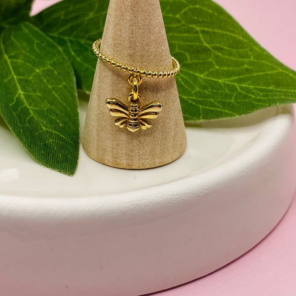 Gold flash plated sterling silver ring with bee charm