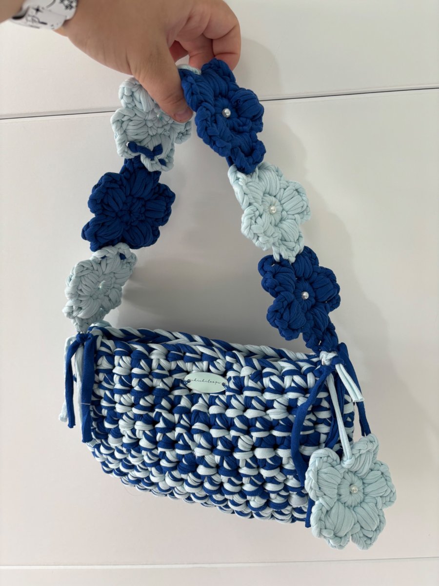 Handmade Crochet Shoulder Bag - Two Toned Blue - Floral Flower Strap 