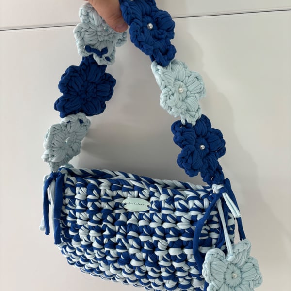 Handmade Crochet Shoulder Bag - Two Toned Blue - Floral Flower Strap 