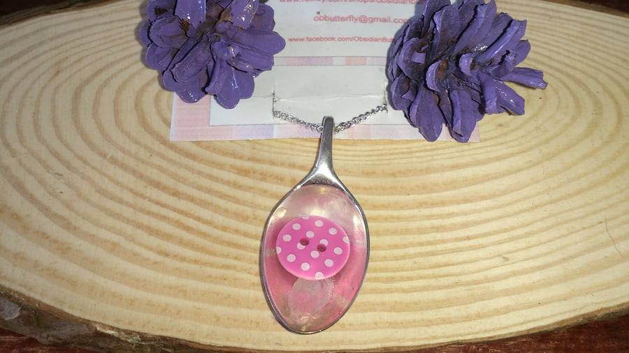 Resin Filled Silver Plated Spoon Necklace with Pink Spotty Button