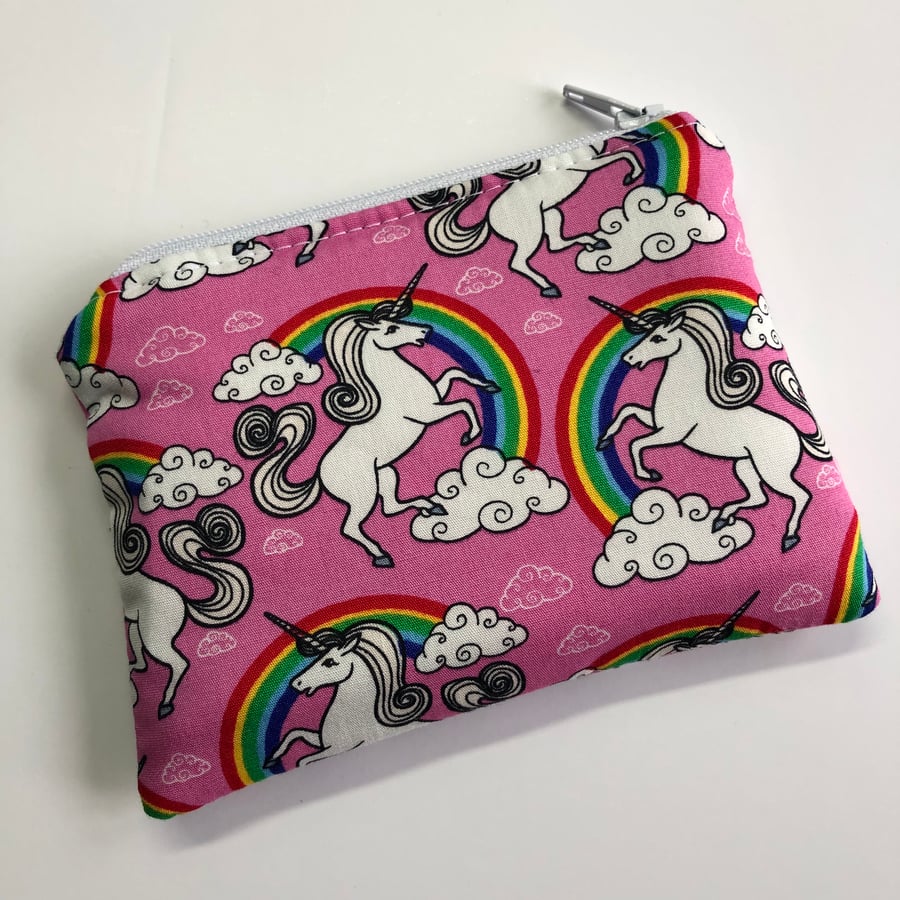 Pink Unicorn Themed Fabric Zipped Coin Purse.